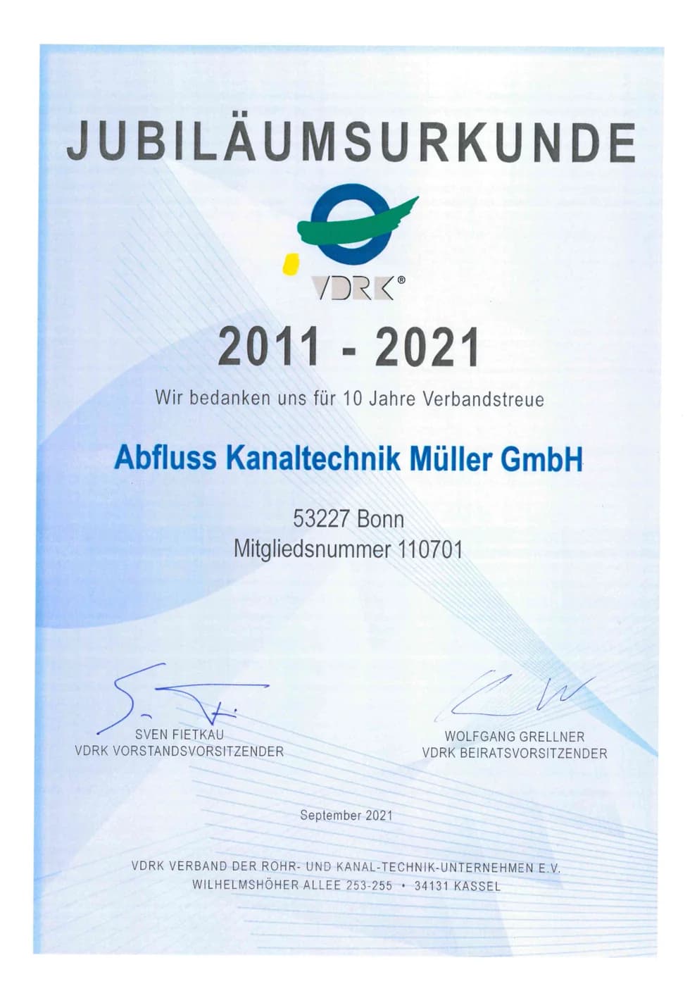 VDRK Jubiläumsurkunde 2011–2021 für 10 Jahre Mitgliedschaft