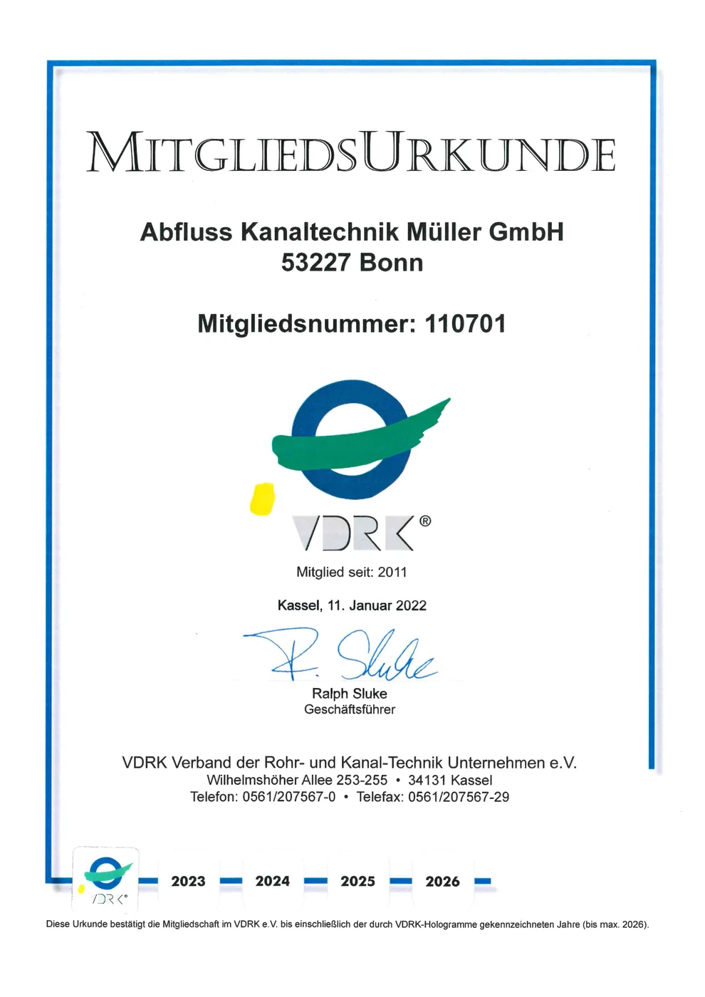 VDRK Mitgliedsurkunde 2022 — Verband der Rohr- und Kanalreiniger