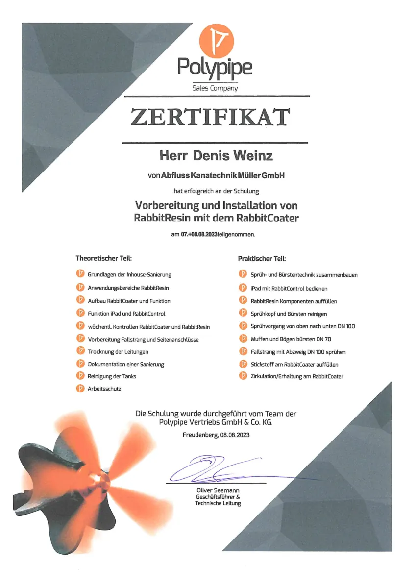 Polypipe-Zertifikat RabbitResin / RabbitCoater — Denis Weinz 2023